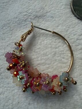 Gold Hoop Earrings with Multicolor Flower Bead Accents